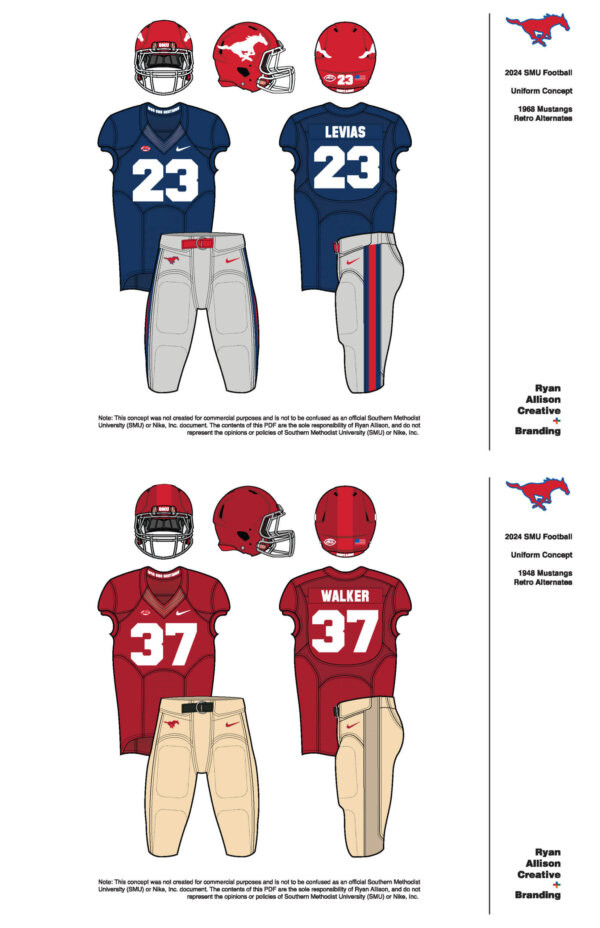 SMU Football 1948 and 1968 Mustang Retro Alternate Uniform Concepts