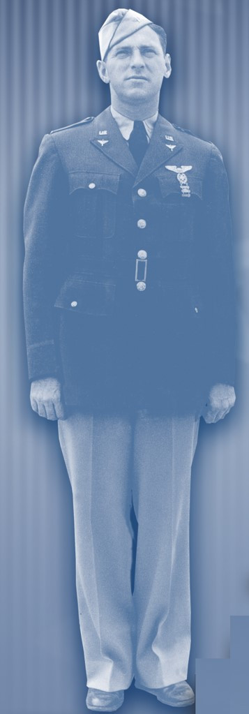 Officer in "Pinks and Greens" U.S. Army Air Corps uniform, showcasing gold insignia and flight cap piping.
