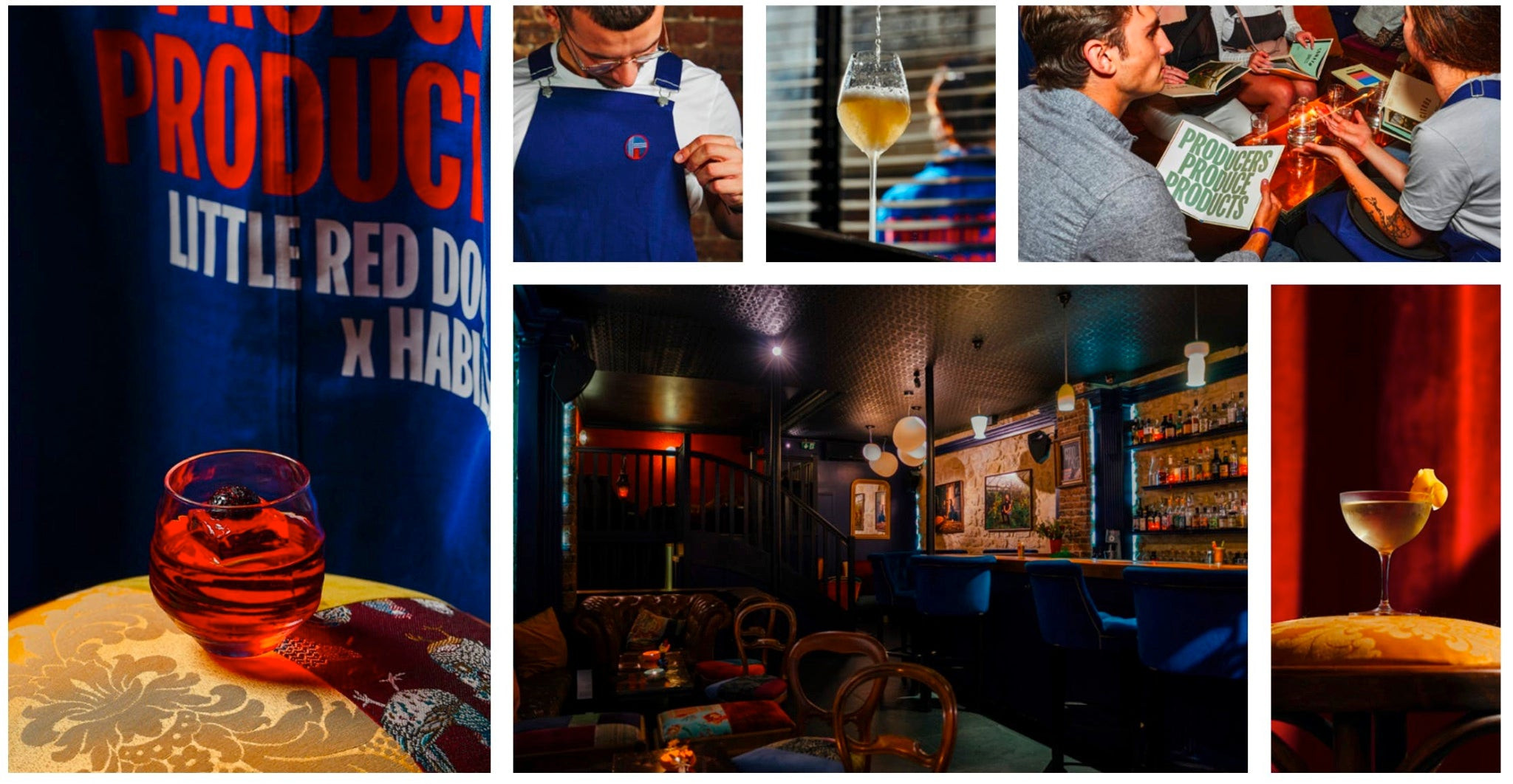 Bartender at Little Red Door Paris in a denim apron with the bar's logo, embodying a laid-back and modern Parisian bar ambiance.