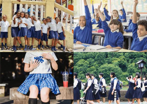 Group of students in school uniforms walking and talking, representing school identity and belonging