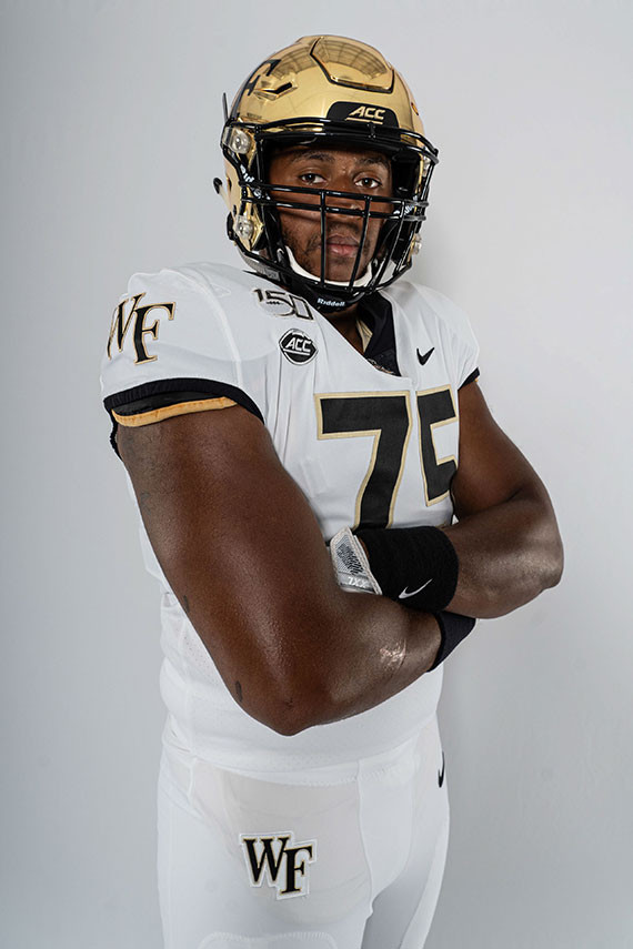 Wake Forest Demon Deacons football uniform design details, highlighting the sleeve logo, block numbers, and collar mascot.