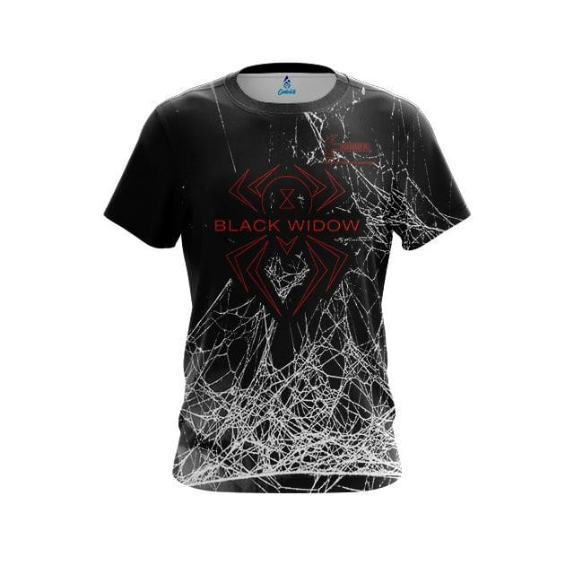 Front view of a Hammer Black Widow CoolWick bowling jersey featuring a bold spider and web design.