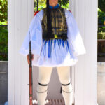 Evzones standing guard at the Greek Presidential palace in their distinctive uniform