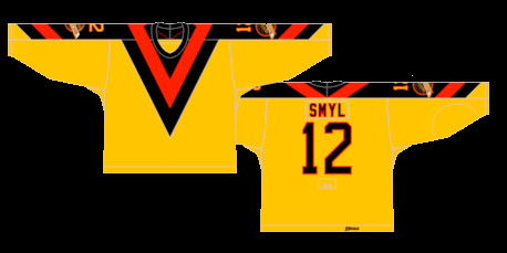 Vancouver Canucks Worst Uniform: The V Home jersey in black and yellow, worn from 1978 to 1985, widely considered an ugly NHL jersey design.