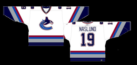 Vancouver Canucks Orca Home Jersey: The white home jersey featuring the Orca logo, worn from 1997 to 2007, a familiar uniform for many Canucks fans.