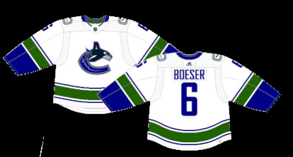 Vancouver Canucks Current Away Jersey: The modern white away jersey, worn from 2007 to present, featuring a clean and simple design that highlights the green accents.