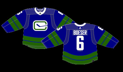 Vancouver Canucks Stick in Rink Alternate Jersey:  A reimagined version of the 1970s Stick-in-Rink jersey, used as an alternate from 2019 to 2022, featuring a green-heavy color balance.