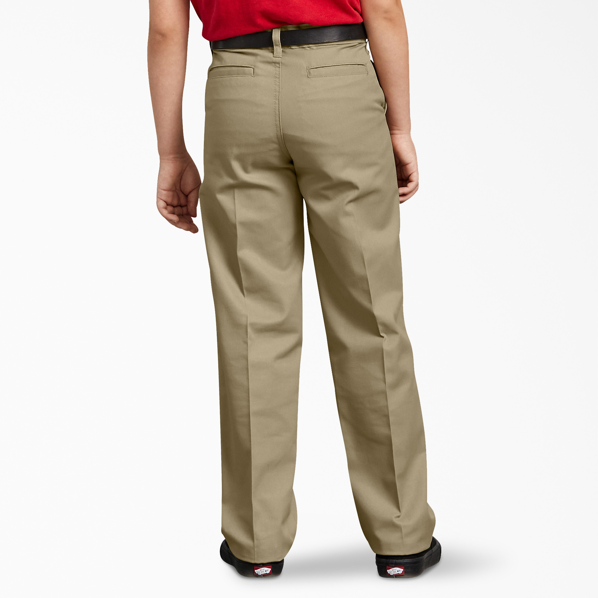 Close up of Dickies uniform pants fabric showing durability