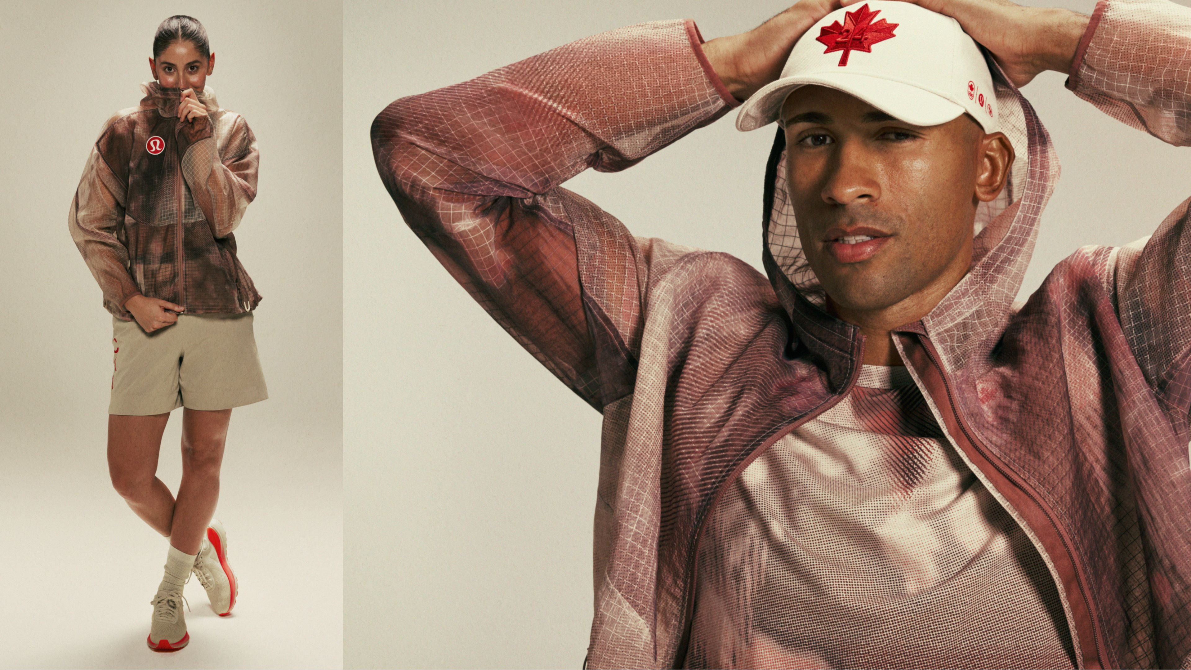 Melissa Humana-Paredes and Damian Warner, Canadian Olympic athletes, present the Team Canada Media uniforms by Lululemon, showcasing the softer color palette and breathable jacket.