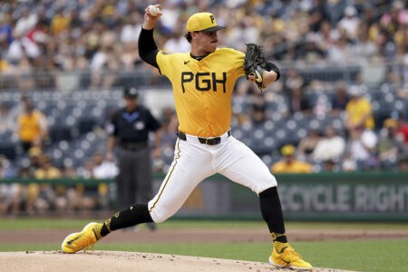 Pittsburgh Pirates City Connect Jersey with white pants and regular City Connect cap on June 23, 2024