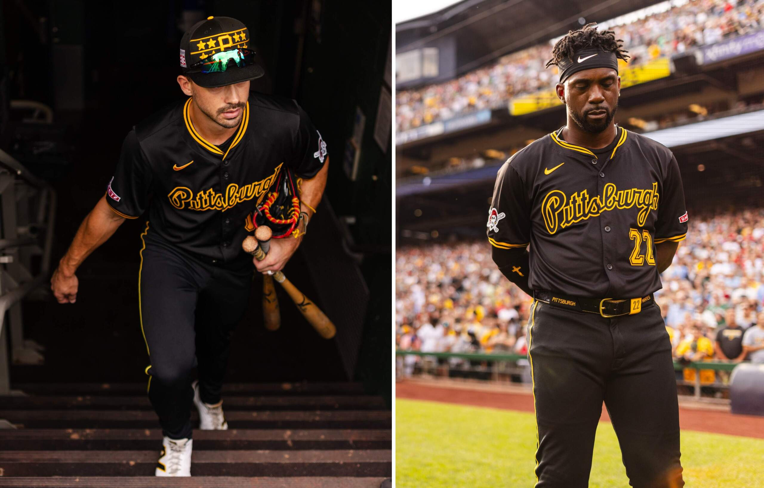 Pittsburgh Pirates monochrome black uniform combination featuring road jersey and City Connect pants