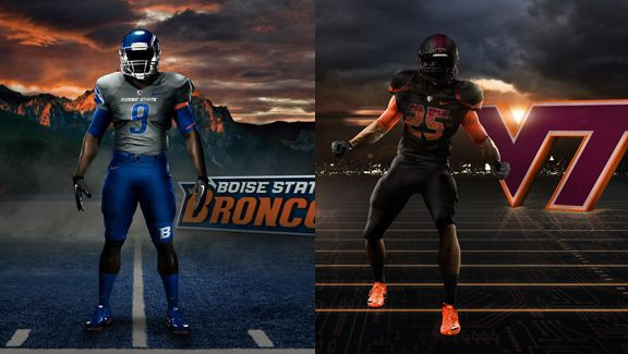 Promotional image for Nike Pro Combat uniforms featuring Virginia Tech and Boise State players in their 2010 kits, highlighting the groundbreaking uniform designs.