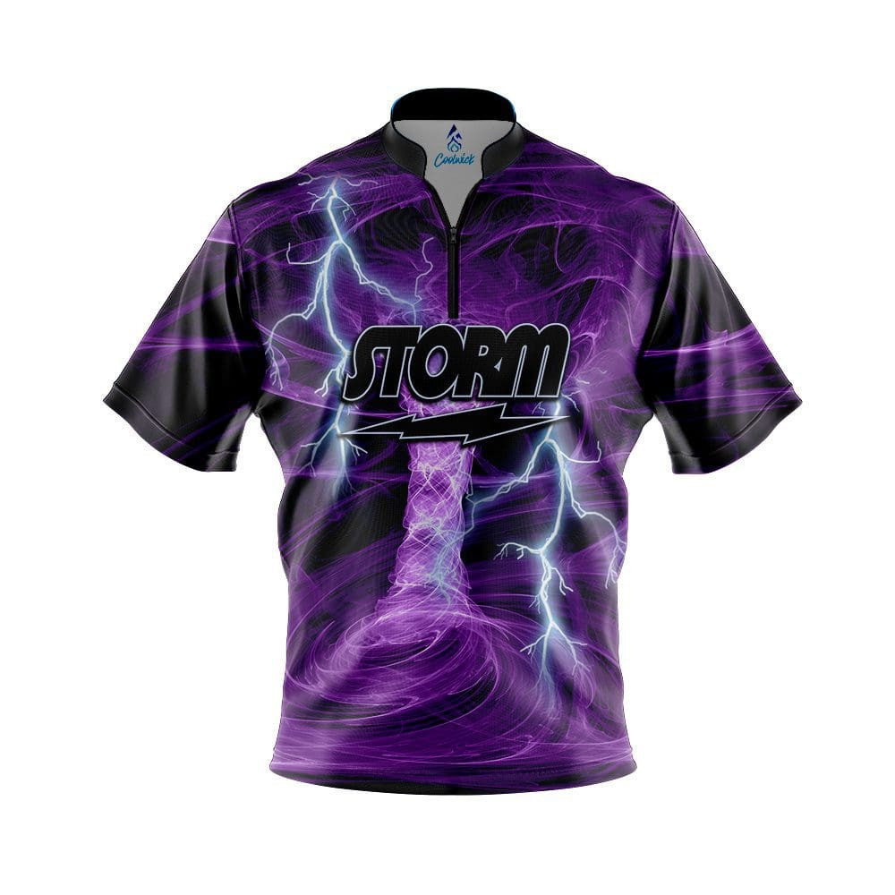 Front and back view of a purple Storm Electrical Tornado Quick Ship CoolWick Sash Zip Bowling Jersey showcasing dynamic tornado graphics.
