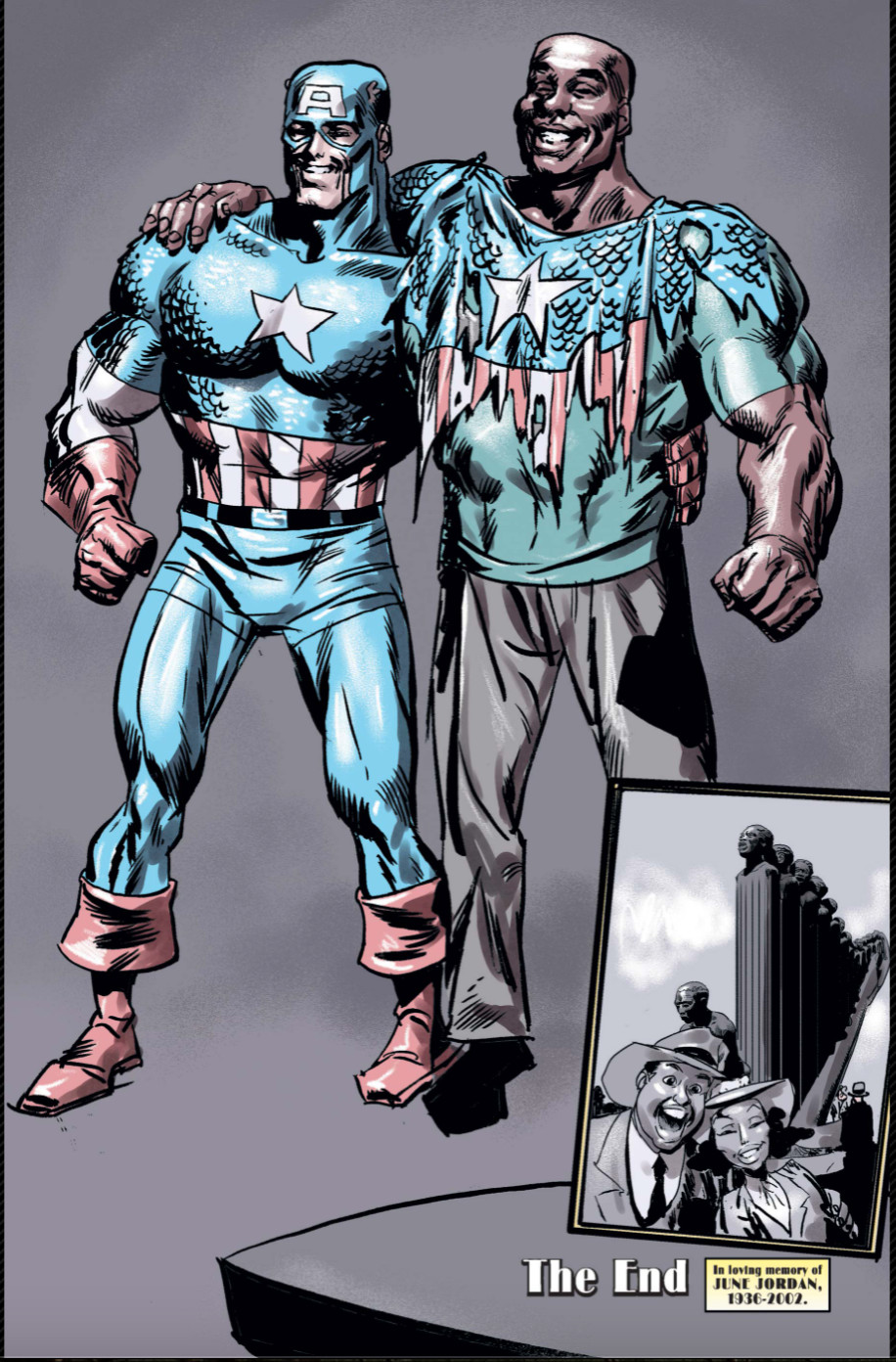 Captain America and Isaiah Bradley standing side-by-side, Isaiah is wearing a tattered Captain America uniform top over his clothes.