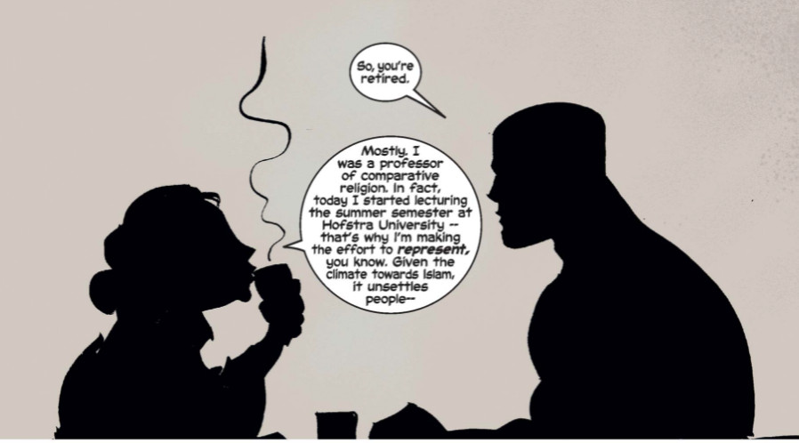 Faith talking to Captain America at a kitchen table, Faith has removed her niqab.
