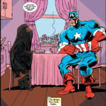 Captain America sitting at a kitchen table with Faith, who is wearing a niqab.