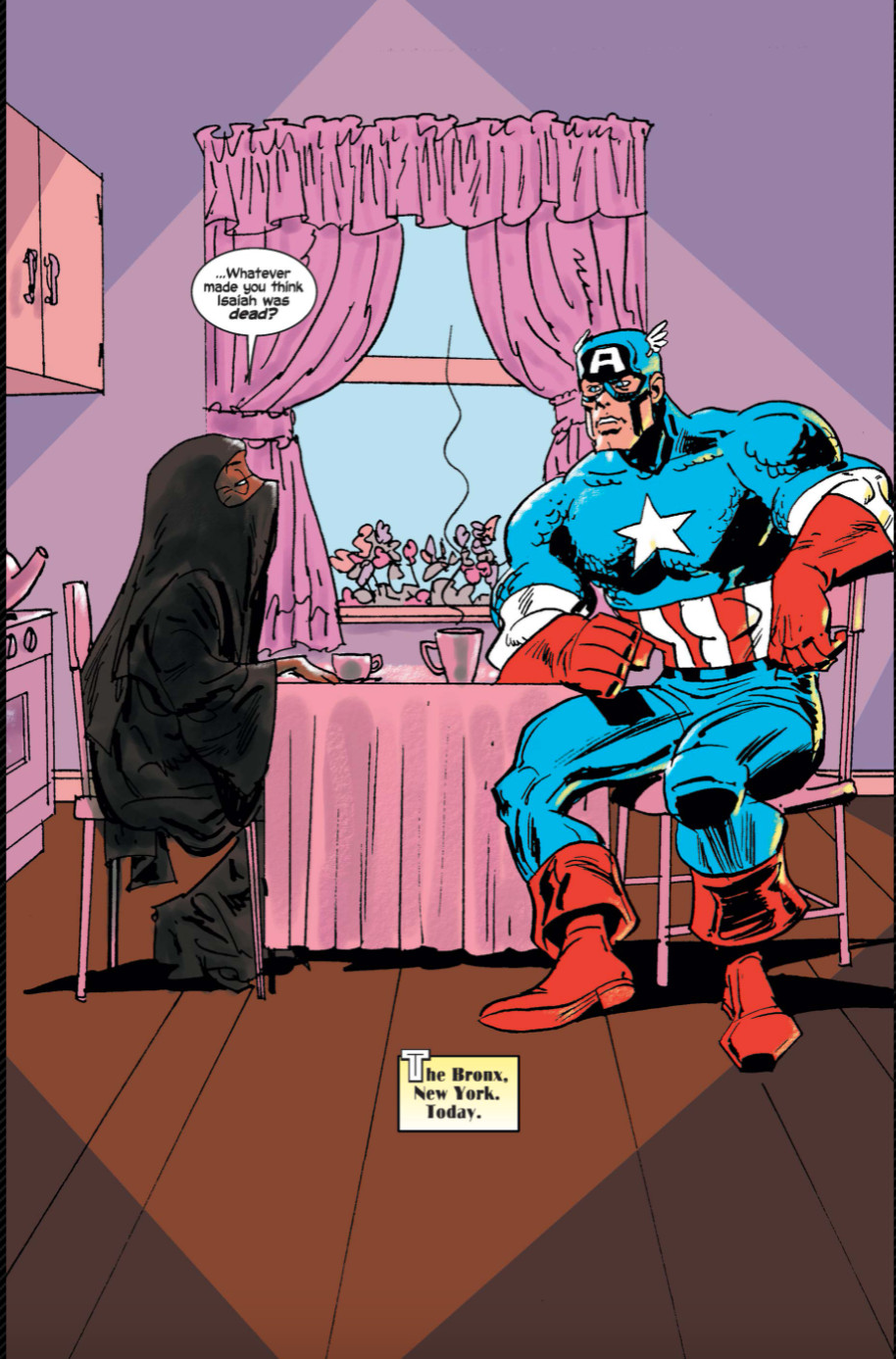 Captain America sitting at a kitchen table with Faith, who is wearing a niqab.