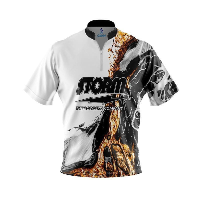 Front view of a CoolWick custom bowling jersey featuring a vibrant liquid gold marble design in black and gold.