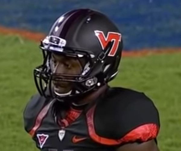 Front view of the Virginia Tech helmet showcasing the full circuit board pattern and overall design of the 2010 Nike Pro Combat uniform.