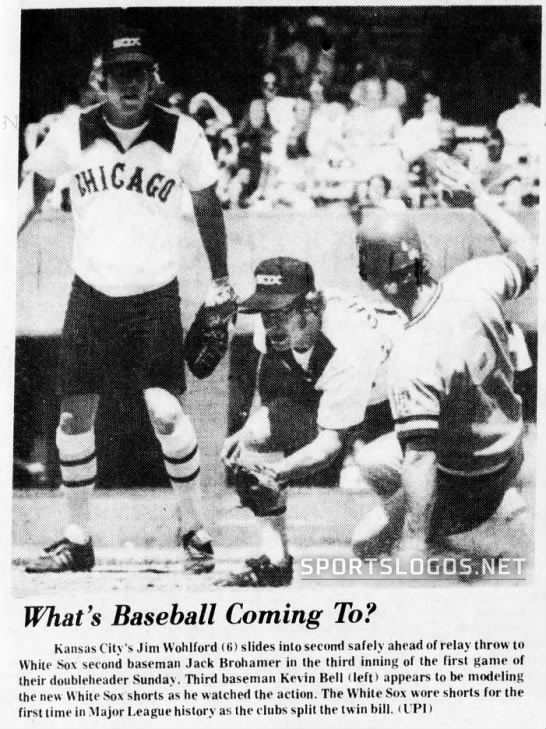 Newspaper clippings showing press coverage of White Sox shorts uniform in 1976