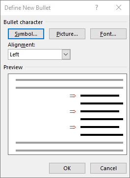 Define New Bullet screen with arrows