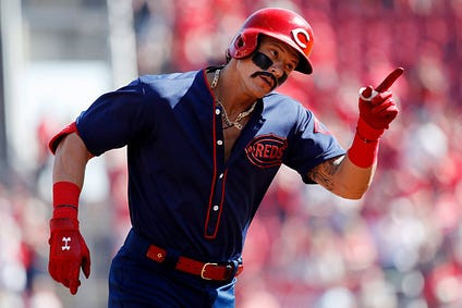 Derek Dietrich in a 1911 Cincinnati Reds road uniform