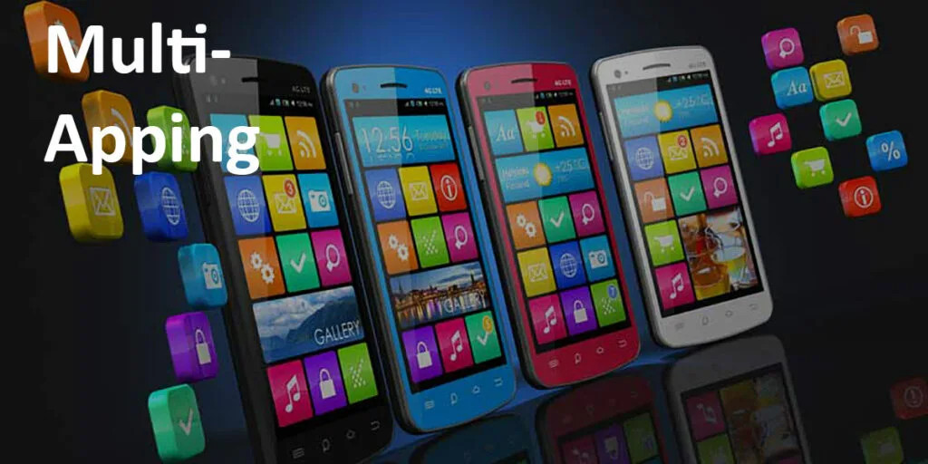 Several phones with android delivery apps and app icons, with the label Multi Apping.