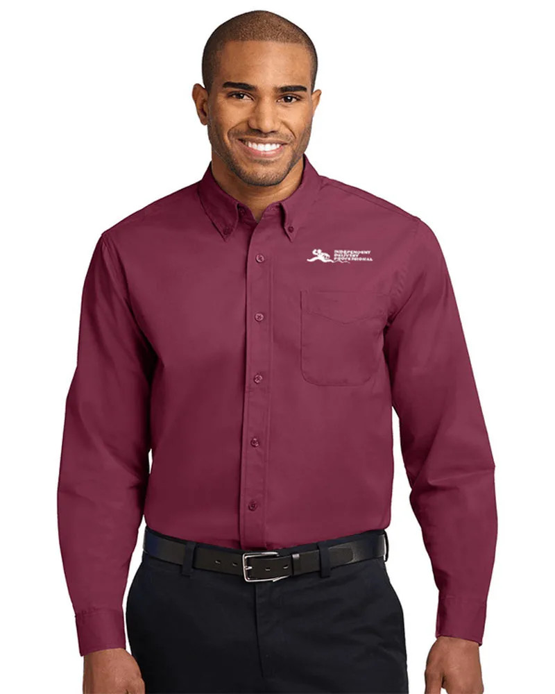 Model wearing maroon dress shirt with independent delivery professional logo.