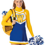 Cheerleader in blue and white uniform holding pom poms