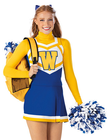 Cheerleader in blue and white uniform holding pom poms