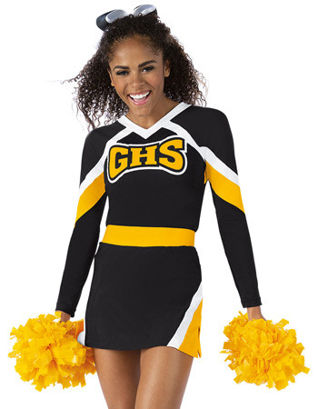 Cheerleaders in competition cheerleading uniforms