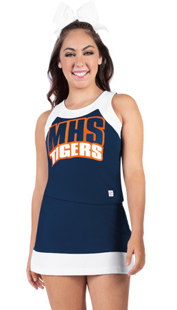 Cheerleaders in stock cheerleading uniforms